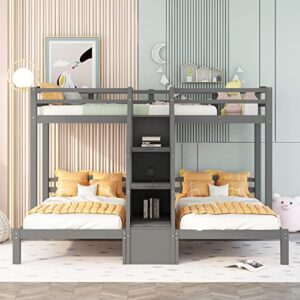 GAOWEI Triple Bunk Bed Twin Over Twin & Twin Bunk Bed with 3 Storage Staircase,Triple Bunk Bed for Kids,Triple Bunk Bed with Storage Stairs,Bedroom Furniture Pinewood Bed Frame (Staircase+Gray)