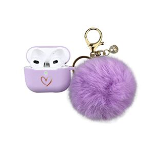 aiiekz compatible with airpods 3 case cover 2021, cute soft silicone case with gold heart pattern for airpods 3rd generation case with fur ball pom pom keychain for girls women (lavender purple)