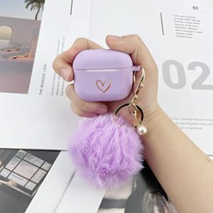 AIIEKZ Compatible with AirPods 3 Case Cover 2021, Cute Soft Silicone Case with Gold Heart Pattern for AirPods 3rd Generation Case with Fur Ball Pom Pom Keychain for Girls Women (Lavender Purple)