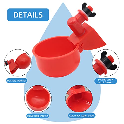 12 Pcs Chicken Waterer Cups Automatic Poultry Drinking Bowl Feeder, 1/8 Inch Thread Auto-Fill Drinking Bowl for Chicken Duck Turkey Bird Rabbit (Red)