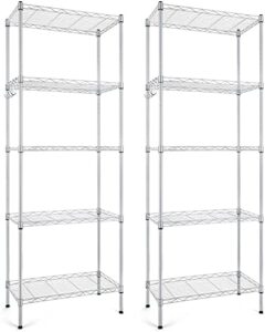 5-shelf shelving units and storage heavy duty, wire adjustable shelf utility commercial steel organizer, metal shelves wire rack with 4 hooks for kitchen bathroom office and garage, set of 2 (silver)
