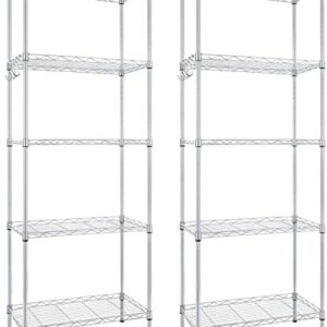 5-Shelf Shelving Units and Storage Heavy Duty, Wire Adjustable Shelf Utility Commercial Steel Organizer, Metal Shelves Wire Rack with 4 Hooks for Kitchen Bathroom Office and Garage, Set of 2 (Silver)