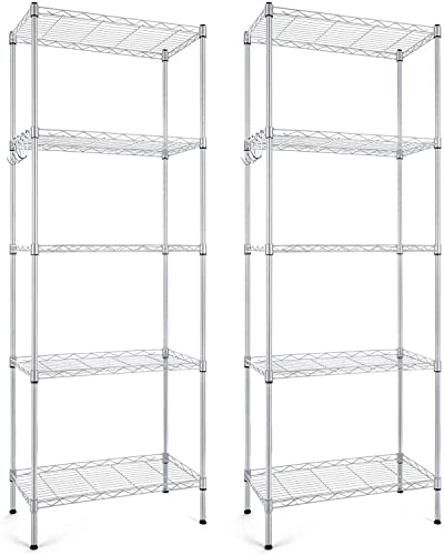 5-Shelf Shelving Units and Storage Heavy Duty, Wire Adjustable Shelf Utility Commercial Steel Organizer, Metal Shelves Wire Rack with 4 Hooks for Kitchen Bathroom Office and Garage, Set of 2 (Silver)