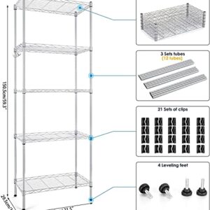 5-Shelf Shelving Units and Storage Heavy Duty, Wire Adjustable Shelf Utility Commercial Steel Organizer, Metal Shelves Wire Rack with 4 Hooks for Kitchen Bathroom Office and Garage, Set of 2 (Silver)