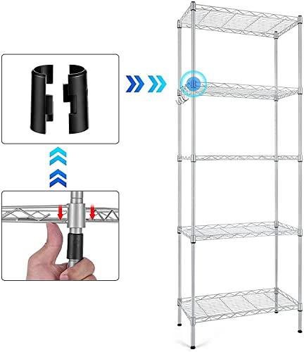 5-Shelf Shelving Units and Storage Heavy Duty, Wire Adjustable Shelf Utility Commercial Steel Organizer, Metal Shelves Wire Rack with 4 Hooks for Kitchen Bathroom Office and Garage, Set of 2 (Silver)