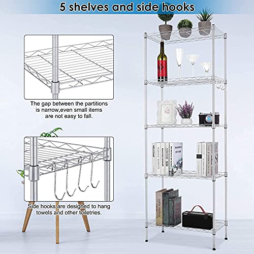 5-Shelf Shelving Units and Storage Heavy Duty, Wire Adjustable Shelf Utility Commercial Steel Organizer, Metal Shelves Wire Rack with 4 Hooks for Kitchen Bathroom Office and Garage, Set of 2 (Silver)