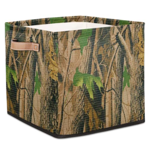 Forest Leaves Camouflage Camo 13x13x13 Inch Large Fabric Storage Cubes, Collapsible Cube Storage Bins Organizer Boxes with Leather Handles Cube Baskets for Organizing Closet Shelves