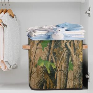 Forest Leaves Camouflage Camo 13x13x13 Inch Large Fabric Storage Cubes, Collapsible Cube Storage Bins Organizer Boxes with Leather Handles Cube Baskets for Organizing Closet Shelves