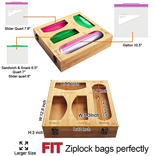 Ziplock Bag Organizer,Bamboo Plastic Bags Container Boxs Dispenser With Lid For Kitchen Drawer,Can Wall Mount And Stand Suitable For Food Sandwich Gallon Baggie Quart Snack Variety Size Bag(Brown)