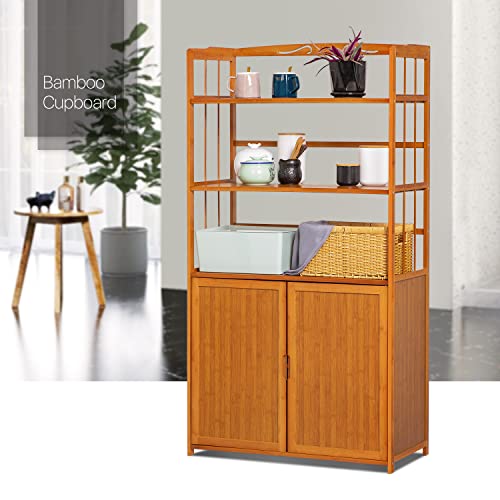 MoNiBloom Bamboo Kitchen Storage Cabinet 5 Tier Freestanding Sideboard with 3 Open Shelves and Doors, Floor Cabinet, Display Unit for Home, Natural