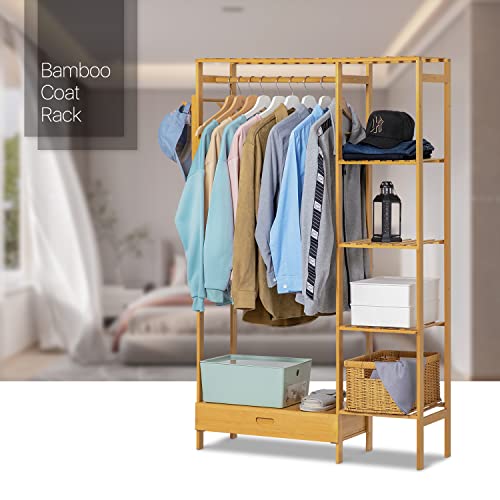 MoNiBloom Bamboo Clothing Rack 5 Tier Storage Shelves Garment Rack with Side Hooks & Pants Rack for Bedroom Living Room Office Mudroom, Natural