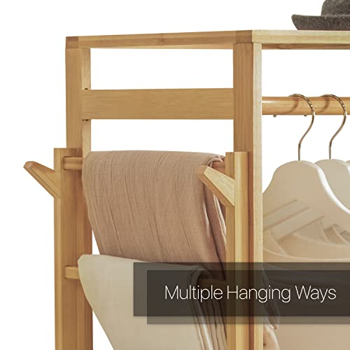 MoNiBloom Bamboo Clothing Rack 5 Tier Storage Shelves Garment Rack with Side Hooks & Pants Rack for Bedroom Living Room Office Mudroom, Natural