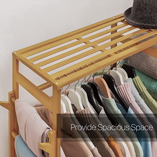 MoNiBloom Bamboo Clothing Rack 5 Tier Storage Shelves Garment Rack with Side Hooks & Pants Rack for Bedroom Living Room Office Mudroom, Natural