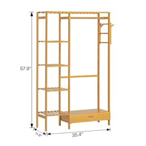 MoNiBloom Bamboo Clothing Rack 5 Tier Storage Shelves Garment Rack with Side Hooks & Pants Rack for Bedroom Living Room Office Mudroom, Natural