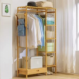 MoNiBloom Bamboo Clothing Rack 5 Tier Storage Shelves Garment Rack with Side Hooks & Pants Rack for Bedroom Living Room Office Mudroom, Natural