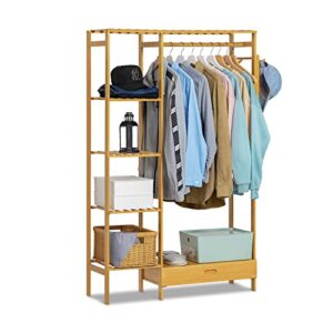 MoNiBloom Bamboo Clothing Rack 5 Tier Storage Shelves Garment Rack with Side Hooks & Pants Rack for Bedroom Living Room Office Mudroom, Natural