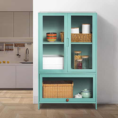 MoNiBloom Bamboo Storage Cabinet with Doors 3 Tier Bamboo Sideboard Floor Standing Cupboard Display Shelf for Dining Room Kitchen Living Room, Green