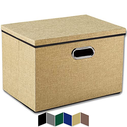 Golden Bauhinia Stackable Large Storage Bins with Lids, Foldable Linen Fabric Storage Bins, Collapsible Cubes Baskets Container, Closet Organizers (17.3’’x 11.8’’x 11.6’’) (Large 1-Pack, Khaki)