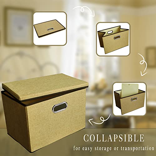 Golden Bauhinia Stackable Large Storage Bins with Lids, Foldable Linen Fabric Storage Bins, Collapsible Cubes Baskets Container, Closet Organizers (17.3’’x 11.8’’x 11.6’’) (Large 1-Pack, Khaki)