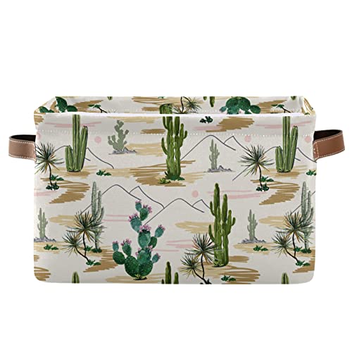 Large Foldable Storage Basket Beautiful Floral Tropical Cactuses Succulents Storage Bin Canvas Toys Box Fabric Decorative Collapsible Organizer Bag with Handles for Bedroom Home