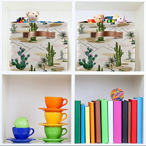 Large Foldable Storage Basket Beautiful Floral Tropical Cactuses Succulents Storage Bin Canvas Toys Box Fabric Decorative Collapsible Organizer Bag with Handles for Bedroom Home