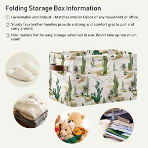 Large Foldable Storage Basket Beautiful Floral Tropical Cactuses Succulents Storage Bin Canvas Toys Box Fabric Decorative Collapsible Organizer Bag with Handles for Bedroom Home