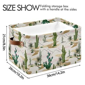 Large Foldable Storage Basket Beautiful Floral Tropical Cactuses Succulents Storage Bin Canvas Toys Box Fabric Decorative Collapsible Organizer Bag with Handles for Bedroom Home