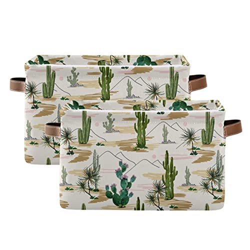 Large Foldable Storage Basket Beautiful Floral Tropical Cactuses Succulents Storage Bin Canvas Toys Box Fabric Decorative Collapsible Organizer Bag with Handles for Bedroom Home