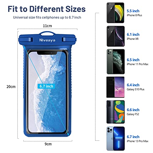 Niveaya 3D Waterproof Phone Case, IPX8 Shockproof Waterproof Phone Pouch Dry Bag for iPhone 14 13 12 11 Pro Max SE 2020 XS Max XR X 8 7 6s Plus S10 S9 S20 S21 Note 20/10. Dark Blue