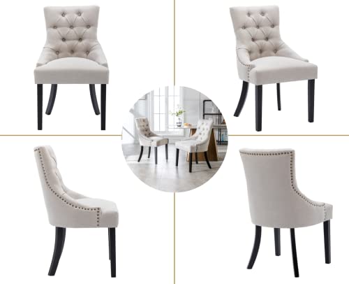 EALSON Set of 2 Linen Dining Chairs Elegant Tufted Back with Nailed Trim Home Kitchen Dining Room Chairs Armless Accent Side Chairs Solid Rubber Wood Legs, Set of 2 (Beige)