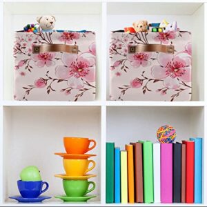 Cherry Blossom Basket Large Foldable Storage Bin Pink Flowers Canvas Toys Box Fabric Decorative Collapsible Organizer Bag with Handles for Bedroom Home