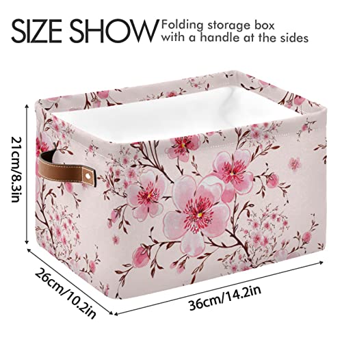 Cherry Blossom Basket Large Foldable Storage Bin Pink Flowers Canvas Toys Box Fabric Decorative Collapsible Organizer Bag with Handles for Bedroom Home