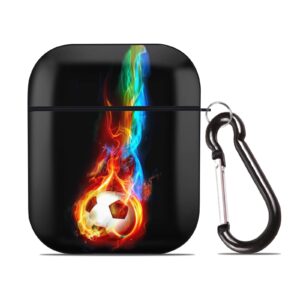 soccer ball case for airpods case cover, rainbow fire soccer cute shockproof protective case with portable keychain, compatible with apple airpods charging case 2&1 for women girls