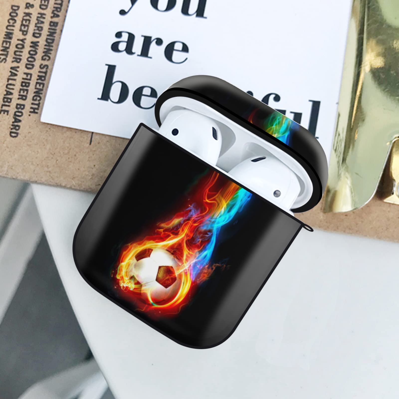 Soccer Ball Case for AirPods Case Cover, Rainbow Fire Soccer Cute Shockproof Protective Case with Portable Keychain, Compatible with Apple AirPods Charging Case 2&1 for Women Girls