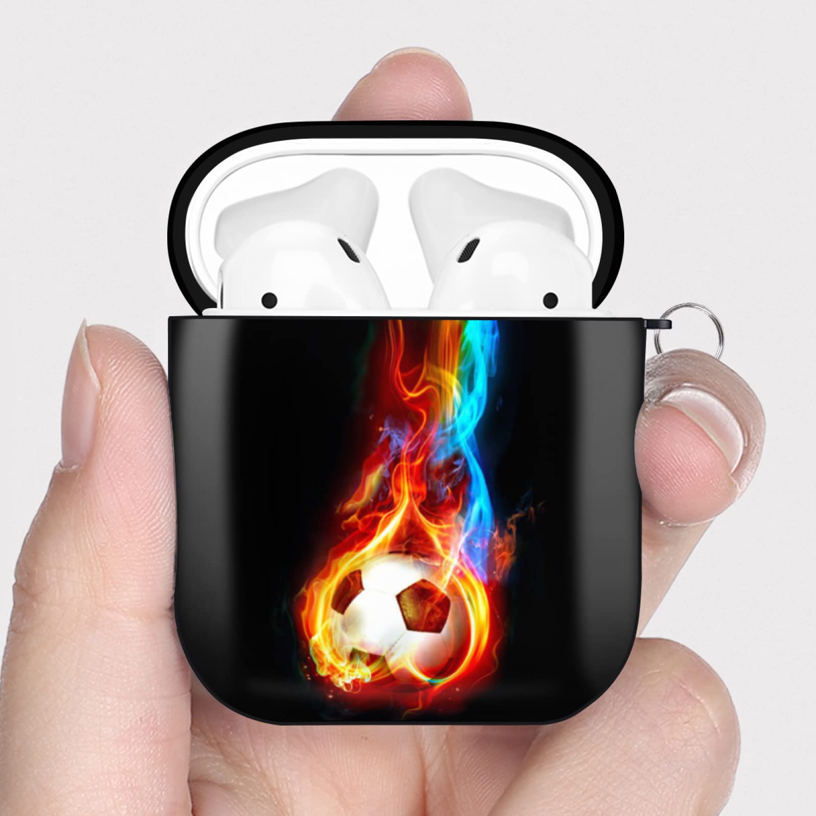 Soccer Ball Case for AirPods Case Cover, Rainbow Fire Soccer Cute Shockproof Protective Case with Portable Keychain, Compatible with Apple AirPods Charging Case 2&1 for Women Girls