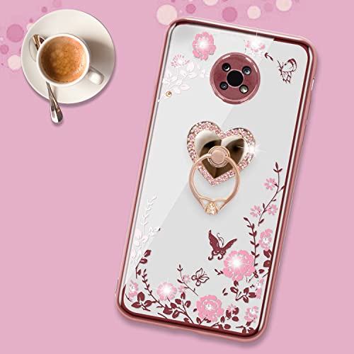 B-wishy Nokia G300 5G Glitter Case - Slim Butterfly Floral TPU, Luxury Bling Diamond, Ring Stand + Strap (Rose Gold)