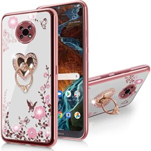 B-wishy Nokia G300 5G Glitter Case - Slim Butterfly Floral TPU, Luxury Bling Diamond, Ring Stand + Strap (Rose Gold)