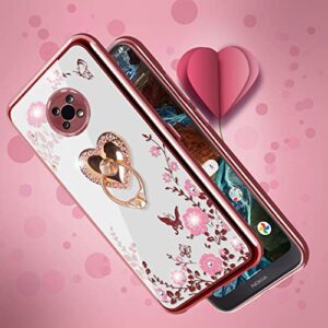 B-wishy Nokia G300 5G Glitter Case - Slim Butterfly Floral TPU, Luxury Bling Diamond, Ring Stand + Strap (Rose Gold)