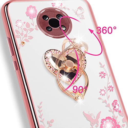 B-wishy Nokia G300 5G Glitter Case - Slim Butterfly Floral TPU, Luxury Bling Diamond, Ring Stand + Strap (Rose Gold)