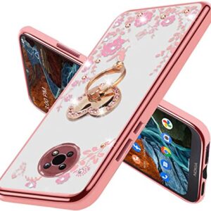 B-wishy Nokia G300 5G Glitter Case - Slim Butterfly Floral TPU, Luxury Bling Diamond, Ring Stand + Strap (Rose Gold)