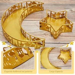 Eid Star Dinner Plate Tray Fruit Plate Ramadan Decoration Ramadan Moon Serving Tray Muslim Food Tray Mubarak Metal Serving Dishes Islam Snack Display Holder for Ramadan Islam Party Decoration, Gold