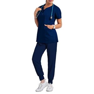 jogger scrubs for women set stretchy clearance athletic nurse medical uniform workwear clothes elastic top&pants suit (navy blue,large,large)