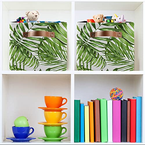 Large Foldable Storage Basket Palm Tree Exotic Tropical Plant Storage Bin Canvas Toys Box Fabric Decorative Collapsible Organizer Bag with Handles for Bedroom Home