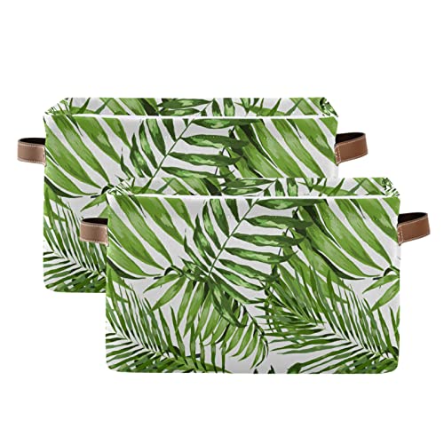 Large Foldable Storage Basket Palm Tree Exotic Tropical Plant Storage Bin Canvas Toys Box Fabric Decorative Collapsible Organizer Bag with Handles for Bedroom Home