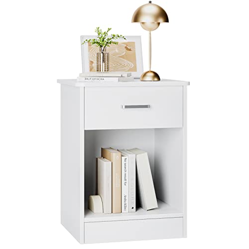 FOTOSOK Nightstand, 2-Tier Side Table with Drawer and Storage Shelf, Bedside Table End Table, Modern Night Stand for Bedroom, Home Office, White