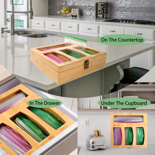 AYOYA Ziplock Bag Storage Organizer, Bamboo Food Bags Container for Kitchen Drawer,Openable Top Lids Bamboo Organizer,Compatible with Gallon, Quart, Sandwich and Snack Variety Size Bag (1 Box 4 Slots)