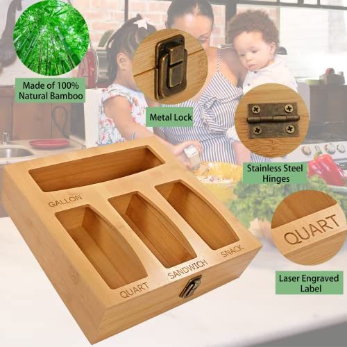 AYOYA Ziplock Bag Storage Organizer, Bamboo Food Bags Container for Kitchen Drawer,Openable Top Lids Bamboo Organizer,Compatible with Gallon, Quart, Sandwich and Snack Variety Size Bag (1 Box 4 Slots)