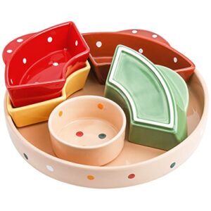 Cedilis Porcelain Divided Serving Dishes, 11Inch Ceramic Appetizer Tray, Colorful Divided Serving Tray Snack Container, 5 Removable Snack Bowls Relish Tray for Candy, Nut, Veggie, Chips and Dip