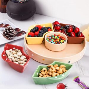 Cedilis Porcelain Divided Serving Dishes, 11Inch Ceramic Appetizer Tray, Colorful Divided Serving Tray Snack Container, 5 Removable Snack Bowls Relish Tray for Candy, Nut, Veggie, Chips and Dip