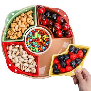 Cedilis Porcelain Divided Serving Dishes, 11Inch Ceramic Appetizer Tray, Colorful Divided Serving Tray Snack Container, 5 Removable Snack Bowls Relish Tray for Candy, Nut, Veggie, Chips and Dip